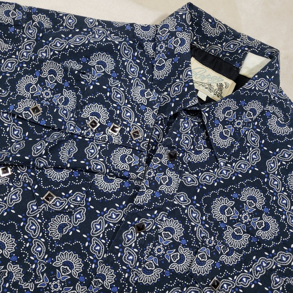 Roper Pearl Snap Shirt Mens Large Navy Blue Paisley Bandana Western Snap Mandala